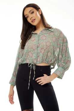 Women's Floral Print Crop Shirt in Mint Green - Painterly print, cropped style, long sleeves, tie waist.