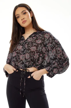 Women's Floral Print Crop Shirt in Black - Painterly print, cropped style, long sleeves, tie waist.