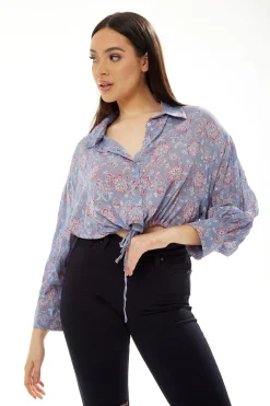 Women's Floral Print Crop Shirt in Lilac - Long Sleeves, Cropped Style, Tie Waist, Perfect for a Stylish Look.