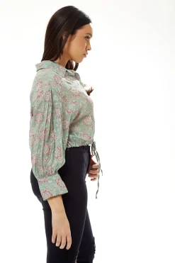 Women's Floral Print Crop Shirt in Mint Green - Painterly print, cropped style, long sleeves, tie waist.