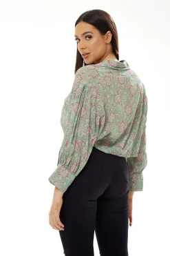 Women's Floral Print Crop Shirt in Mint Green - Painterly print, cropped style, long sleeves, tie waist.