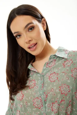 Women's Floral Print Crop Shirt in Mint Green - Painterly print, cropped style, long sleeves, tie waist.