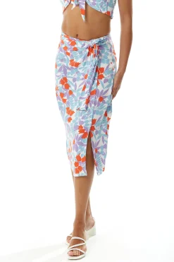 Women's Floral Print Knot Front Midi Skirt with Front Slit in Blue and Red - Perfect for Summer Holidays by Liquorish