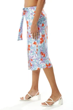 Women's Floral Print Knot Front Midi Skirt with Front Slit in Blue and Red - Perfect for Summer Holidays by Liquorish