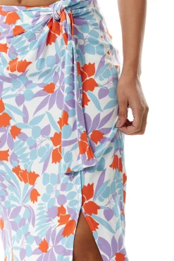 Women's Floral Print Knot Front Midi Skirt with Front Slit in Blue and Red - Perfect for Summer Holidays by Liquorish