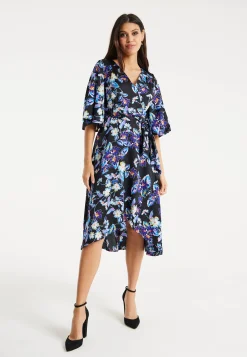 Women's Floral Print Midi Wrap Dress with Flared Sleeves and Tie-Side Detail - Elegant and Stylish for Any Occasion
