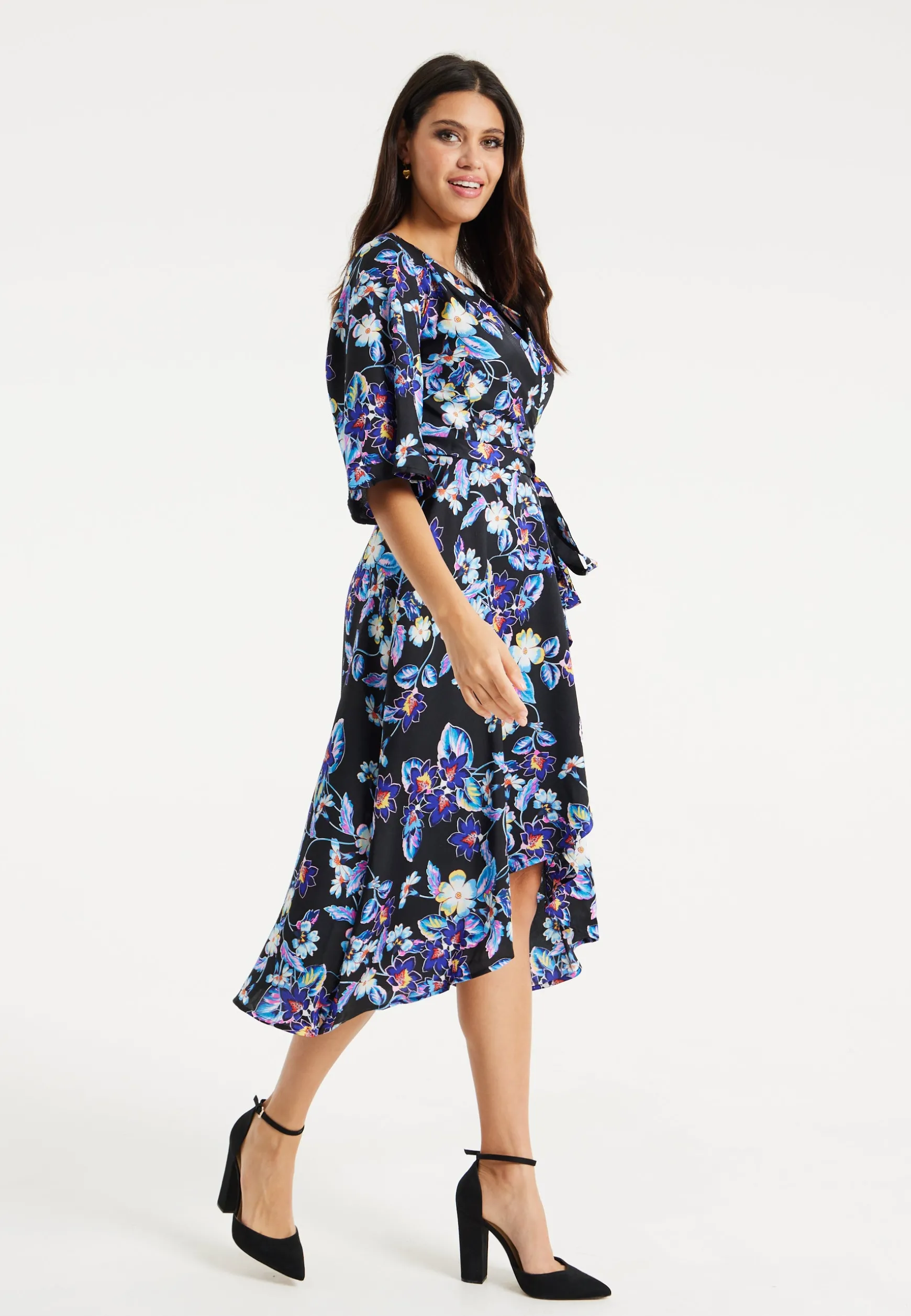Women's Floral Print Midi Wrap Dress with Flared Sleeves and Tie-Side Detail - Elegant and Stylish for Any Occasion