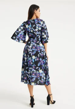 Women's Floral Print Midi Wrap Dress with Flared Sleeves and Tie-Side Detail - Elegant and Stylish for Any Occasion