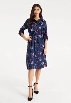 Women's Floral Print Navy Midi Shirt Dress with Long Sleeves and Unique Tie-Side Detail for Effortless Elegance