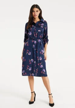 Women's Floral Print Navy Midi Shirt Dress with Long Sleeves and Unique Tie-Side Detail for Effortless Elegance