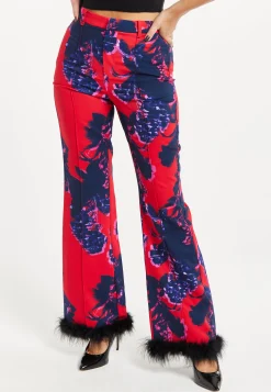 Women's Floral Print Tailored Trousers with Fluffy Hem - High Rise, Zip-Front, Wide Leg, Perfect for Nights Out