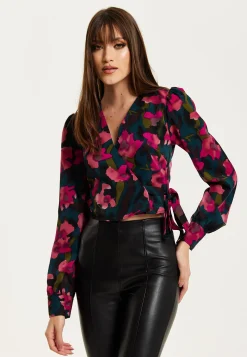 Women's Floral Print Wrap Top in Green and Pink with Long Sleeves, Deep V-Neckline, and Matching Tie Waist