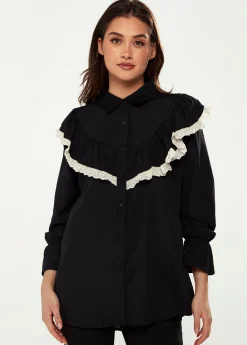 Women's Frill Detail Shirt in Black and White with Collar, Frilled Sleeves, Elastic Cuffs, and Regular Fit
