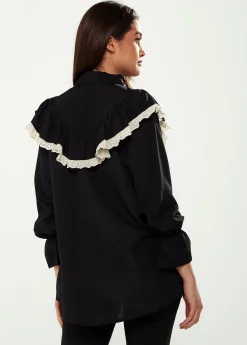 Women's Frill Detail Shirt in Black and White with Collar, Frilled Sleeves, Elastic Cuffs, and Regular Fit