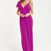 Women's Fuchsia Wide-Leg Jumpsuit with Floral Applique & Deep V-Neck, Side Pockets - Liquorish