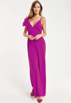 Women's Fuchsia Wide-Leg Jumpsuit with Floral Applique & Deep V-Neck, Side Pockets - Liquorish