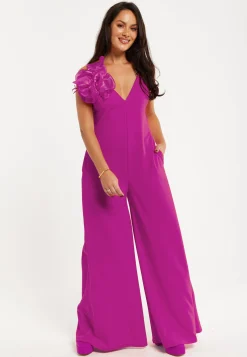 Women's Fuchsia Wide-Leg Jumpsuit with Floral Applique & Deep V-Neck, Side Pockets - Liquorish