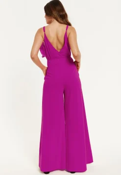Women's Fuchsia Wide-Leg Jumpsuit with Floral Applique & Deep V-Neck, Side Pockets - Liquorish
