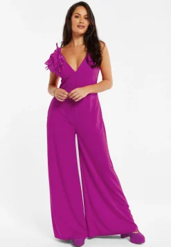 Women's Fuchsia Wide-Leg Jumpsuit with Floral Applique & Deep V-Neck, Side Pockets - Liquorish