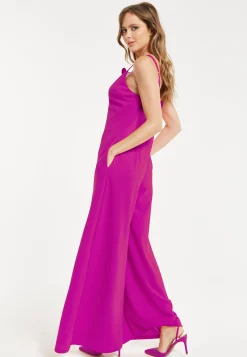 Women's Fuchsia Wide-Leg Jumpsuit with Floral Applique & Deep V-Neck, Side Pockets - Liquorish