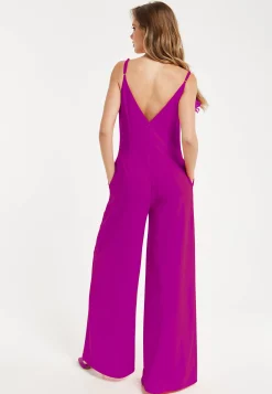 Women's Fuchsia Wide-Leg Jumpsuit with Floral Applique & Deep V-Neck, Side Pockets - Liquorish