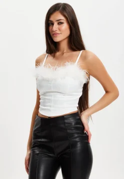 Women's Fur Detail Bandeau Top with Sweetheart Neckline and Cami Style Straps, Slim Fit in Stylish Design.