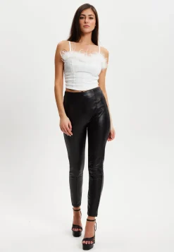 Women's Fur Detail Bandeau Top with Sweetheart Neckline and Cami Style Straps, Slim Fit in Stylish Design.