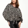 Women's Graceful Zebra Print Blouse with Front Waist Tie, Long Sleeves, Collared Neck, Button Front, Size 8/14