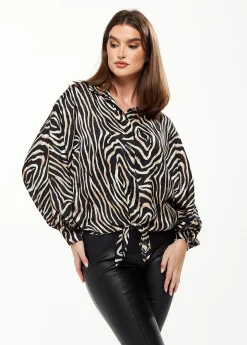 Women's Graceful Zebra Print Blouse with Front Waist Tie, Long Sleeves, Collared Neck, Button Front, Size 8/14