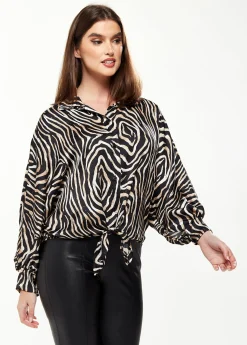 Women's Graceful Zebra Print Blouse with Front Waist Tie, Long Sleeves, Collared Neck, Button Front, Size 8/14