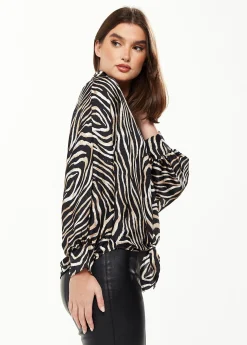 Women's Graceful Zebra Print Blouse with Front Waist Tie, Long Sleeves, Collared Neck, Button Front, Size 8/14