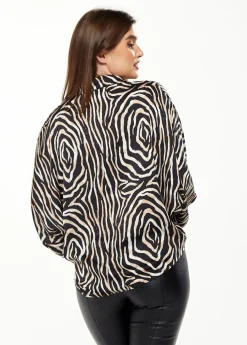 Women's Graceful Zebra Print Blouse with Front Waist Tie, Long Sleeves, Collared Neck, Button Front, Size 8/14