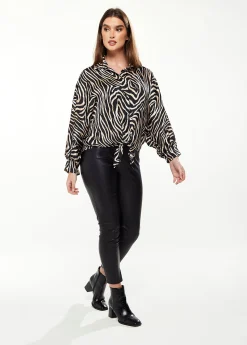 Women's Graceful Zebra Print Blouse with Front Waist Tie, Long Sleeves, Collared Neck, Button Front, Size 8/14