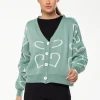 Women's Green & White Heart Pattern Cardigan with Long Sleeves, Cozy Fit - Liquorish
