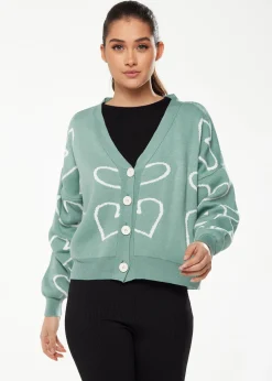Women's Green & White Heart Pattern Cardigan with Long Sleeves, Cozy Fit - Liquorish