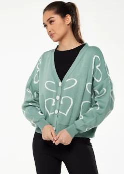 Women's Green & White Heart Pattern Cardigan with Long Sleeves, Cozy Fit - Liquorish
