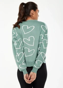 Women's Green & White Heart Pattern Cardigan with Long Sleeves, Cozy Fit - Liquorish
