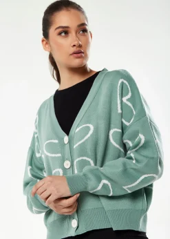 Women's Green & White Heart Pattern Cardigan with Long Sleeves, Cozy Fit - Liquorish