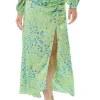 Women's Green Animal Print Maxi Skirt with Gathered Detail and Front Slit - Liquorish