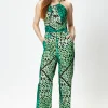 Women's Green Animal Print Jumpsuit with Tie Waist, Zip Back, Straight Fit - Made by Liquorish