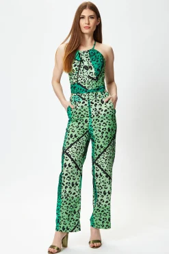Women's Green Animal Print Jumpsuit with Tie Waist, Zip Back, Straight Fit - Made by Liquorish