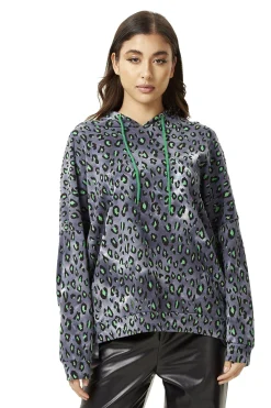 Women's Green Animal Print Hoodie Sweatshirt in Grey with Long Sleeves, Drop Shoulders, and Relaxed Fit