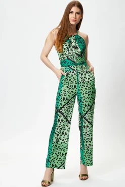 Women's Green Animal Print Jumpsuit with Tie Waist, Zip Back, Straight Fit - Made by Liquorish