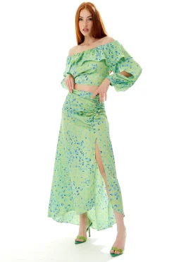 Women's Green Animal Print Maxi Skirt with Gathered Detail and Front Slit - Liquorish