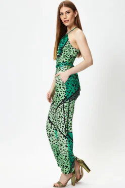 Women's Green Animal Print Jumpsuit with Tie Waist, Zip Back, Straight Fit - Made by Liquorish