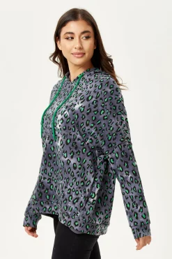 Women's Green Animal Print Hoodie Sweatshirt in Grey with Long Sleeves, Drop Shoulders, and Relaxed Fit