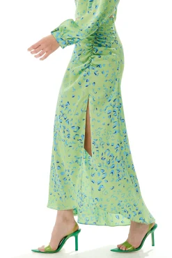 Women's Green Animal Print Maxi Skirt with Gathered Detail and Front Slit - Liquorish