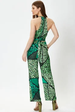 Women's Green Animal Print Jumpsuit with Tie Waist, Zip Back, Straight Fit - Made by Liquorish