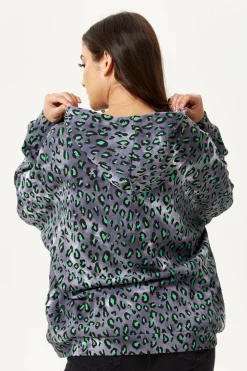 Women's Green Animal Print Hoodie Sweatshirt in Grey with Long Sleeves, Drop Shoulders, and Relaxed Fit