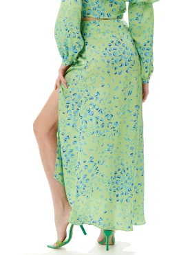 Women's Green Animal Print Maxi Skirt with Gathered Detail and Front Slit - Liquorish